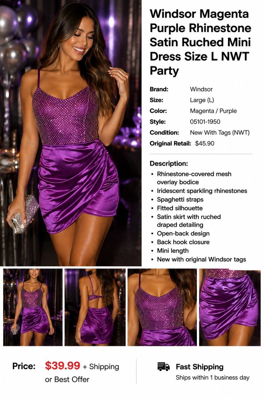 Windsor Magenta Purple Rhinestone Satin Ruched Mini Dress Size L NWT Party
